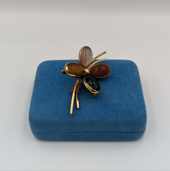 Egyptian Revival Bal-Ron Carved 4 Scarab Semi Precious Gemstones Brooch 12k GF - Picture 2 of 7